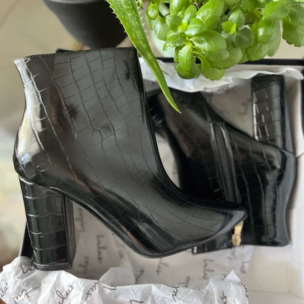 Black Crocodile-Embossed High Heel Booties